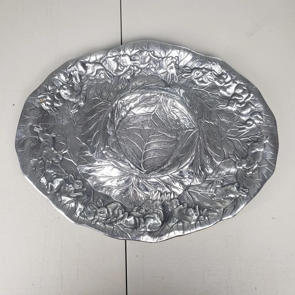 Arthur Court 1990 Vintage Aluminum Cabbage Rabbit Serving Platter 15 Inch Oval